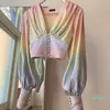 Mode-arc-en-ciel tie-dye haut blouse femmes manches longues col en v sexy blouse dames fronde boutons chic haut 2020 mode été