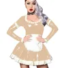 Plus Rozmiar Mokry wygląd Długi Rękaw Pokoju Sukienka Kobiety Vintage Servant Cosplay A-Line PCV Mini Dress Fancy Cosplay Costume z fartuchem