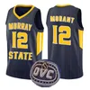 Ja Morant # 12 del estado de Murray azul para hombre de la universidad real maillot amarillo oscuro blanco ja Morant jerseys del baloncesto bordado Logos 2020