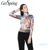 熱い販売のGetSpringシャツプリント長袖プラスサイズのメッシュTシャツトップスパンズヴィンテージティースプリングサマーウェア弾性女性Tシャツ