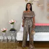 2020 fashion shiny party women's sequined jumpsuits sexy skew collar short sleeve rompers wide leg pants lace-up fashion overall Y200904