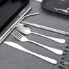 Creative Portable Reusable Flatware Stainless Steel Straw Cleaning Brushs Spoon Fork Chopsticks 7pcs Sets With Boxes Kitchen Tools