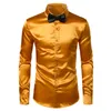 남자 골드 실크 새틴 2 Pcs 드레스 셔츠 (셔츠 + 넥타이) 브랜드 슬림 피트 버튼 웨딩 파티 댄스 파티 셔츠 남성 Chemise Homme 3XL