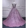 New Pink Princess Longo Formal Prom vestidos de renda apliques Tulle Pescoço V elegante vestido de noite Robe de sarau Engagement Partido Vestidos