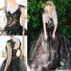 Black Gothic Wedding Dresses Lace Applique Portrait Neck Illusion Top Zipper Back V Neck Custom Made Wedding Ball Gown vestido de novia