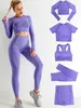 Dresy Siłownia Kobiet Sport Wear Vital Seam Seamless Yoga Set Workout Sportowa Siłownia Koszule Odzież Długie Rękaw Top Legginsy Solid Sport 5 SZTUK T Koszulki Spodenki Bra Pant