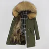 2020ロングパーカー防水ファブリック本物の毛皮のコート冬のジャケット女性自然なアライグマの毛皮のカラーフードの取り外し可能な厚い暖かい新しい