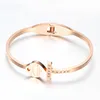 rose gold plated heart shape stainless steel rhinestone bangle bracelet womens257T