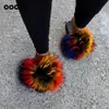 Summer Fluffy Raccoon Fur Slippers Shoes Women Real Fox Fur Flip Flop Flat Furry Fur Slides Outdoor Sandals Woman Amazing Shoes Y200624