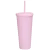 700ml Double Wall Plastic Cup Solid Candy Color Vacuum Tumblers Mug Skinny With Lid Straw Coffee Water Bottle Reusable Mug LJJP385