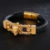 12mm brede goudkleurige 316L roestvrijstalen wolf hoofd armband cadeau zwarte lenther polsarmband cadeau 8 26 291Y