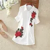 Branco camisa longa mulheres blusa de escritório plus tamanho algodão linho vintage bordado manga curta senhoras verão tops casual 4xl 5xl y200828