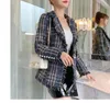 한국 패션 여성의 회전 칼라 칼라 긴 소매 블루 격자 무늬 패턴 중간 긴 슬림 허리 트위드 모직 코트 smlxl