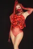 Valentine's Day Party Show Men Women Group Dance Costume Red Rose Flower Crystals Bodysuit Nightclub Bar DJ Dancer Stage Wear272v