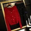 Nowa jesień mody damska szczupła talia czerwono kolor lurex shinny bling dzianinowy sweter bluzki