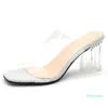 뜨거운 판매 - 새로운 여름 투명 슬리퍼 여성 신발 여성 뮬 슬라이드 광장 하이힐 클리어 슬리퍼 여성 신발 F90138