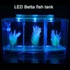 Senzeal Transparent Acrylic Fighting Fish Tank Triple Cube Aquarium Led Lighting Dimmable Betta Separate Breed Spawning Mini Box Y200922