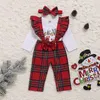 Christmas Girls Clothing Set Long Sleeve Letters Print Romper Top + Sequins Bow Plaid Suspender Pants + Headbands 3Pcs/Set for Xmas M2841