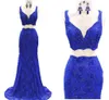 Royal Blue Prom Vestidos Two Pieces Lace Beads V-neck Cap Sleeve sereia Vestidos de Noite Vestuário formal da graduação vestidos de festa vestido longo