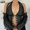 LAISIYI Backless Halter Ribbed Tie Front Top Women Long Sleeve Hollow Out Lace Up T Shirts Patchwork Sexy Hot Bodycon Crop Top