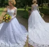 Luxury White Lace Ball Gown Wedding Dresses With Illusion Long Sleeve Appliques Garden Bridal Gowns Court Train Bride Dress