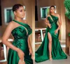 Hunter Green One Shoudler Hals Avondjurken 2020 High Side Split Lange Sweep Vestidos De Fiesta Arabisch Aso Ebi Prom Dress