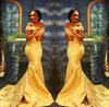 Élégant Jaune Africain Sirène Robes De Bal Longue 2023 Formelle De L'épaule De Luxe Perles Cristal Satin Arabe Trompette Robes De Soirée