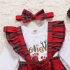 Christmas Girls Clothing Set Long Sleeve Letters Print Romper Top + Sequins Bow Plaid Suspender Pants + Headbands 3Pcs/Set for Xmas M2841