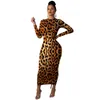 Kobiety Leopard Drukuj Z Długim Rękawem O Neck Bodycon Midi Maxi Dress Kobiece Klub Noc Party Długie Suknie Vestidos