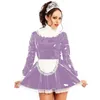 12 Farben Wet Look Lace Splicing Maid Cosplay Kleid Damen Retro Langarm A-Linie Minikleid mit Schürze Neuheit Cosplay Outfit
