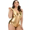 Plus Storlek S-6XL Kvinnor Glänsande Metallisk Underkläder Sträckt Ärmlös Bodysuit Faux Läder Leotard Hög Klipp Baklösa Kort Jumpsuit