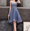 Haze Blue Bridesmaid Dresses Chiffon Applique Hi Lo Jewel Neck Zipper Back Robes de Demoiselle d'Honneur