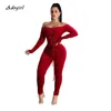 우아한 어깨 벨벳 Jumpsuit 여성 긴 소매 레이스 Gromment Bodycon Jumpsuit 섹시한 붕대 클럽 복장 Romper 2XL T200808