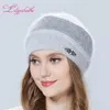 Cappello da donna Liliyabaihe Ornamenti in lana d'angora lavorata a maglia invernale Doppio caldo Davi22