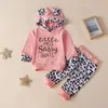 Bambino Neonate Cartoon Lettera Stampa Leopardata Felpa con cappuccio Top + Pantaloni Abiti Orecchie carine Animali Felpe con cappuccio Vestiti per neonati bebes