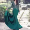 New Green Muslim Evening Dresses V-neck Mermaid Long Sleeves Lace Islamic Dubai Saudi Arabic Elegant Long Formal Evening Gown