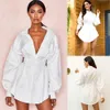 Women's Long-sleeved Solid Color Lapel Shirt Mini Dress Casual Loose Blouse Loose Fit Waist Sexy Shirt Dress