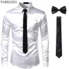 Black Mens Silk Dress Shirts 3pcs (skjorta + slips + bowtie) Smidig satinskjorta Män Slim Fit Party Prom Casual Shirts Män Social Camisa 200925