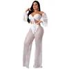 Hollow Out See Through Sexy Two Piece Pants Lantern Sleeve Bow Bandage Crop Top And Straight Wide Leg Pant