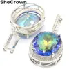 Shecrown Big Oval 22x18mm 17 5G Fire Rainbow Violet Mystic Topaz CZ Ladies 925 Silver Earrings 40x20mm 2009232115