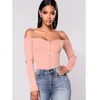 Feditch Off Épaule Rose Sexy Body Boutons Casual Gaine Extensible Femmes Romper Manches Longues Slim Club Party Combinaison1