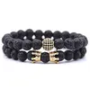 Nova Moda Casal Pulseira 2 Parte Sets Homens Jóias 8mm Natural Lava Stone Micro-inlay Zircon Crown Charm Pulseiras Para As Mulheres