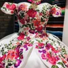 Precioso estampado floral apliques vestidos de quinceañera mexicano 2021 satén blanco fuera del hombro dos capas vestidos de bola dulce 15 vestido barato