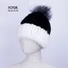 Ycfur Winter Caps Hats Beanies für Frauen nähen Streifen echte Hutkappe Frau Real Fell Beanie Hut mit Pelz Pom Hats5332579