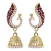 Pendientes indios Jhumka para mujer en forma de pavo real dorado con campanas de perlas de imitación borla pendiente fiesta joyería regalo