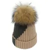 2020 nieuwe vrouwen pompom mutsen gebreide hoed echte wasbeer bont pompoms muts dikke gorro feminino patchwork caps cashmere bonnet cap