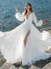 Lorie Beach Chiffon Wedding Dresses White Long Puffy Sleeve V-Neck High Slit Bridal Gowns Open Back Wedding Party Dresses 278U