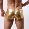 ANNJOLI Japanned Men Sexy Ring Boxer Shorts Faux Leather Men Gold Underpants Leather Trunks Fashion Male Silver Underwear2575