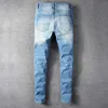 Jean moulant Slim en Patchwork imprimé pour hommes, Streetwear, trous, pantalon en Denim extensible déchiré, 201b