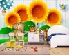 Papier peint 3d pour chambre d'enfants, belle planche de bois, fleur de tournesol, dessin animé, fond d'animal, peinture murale HD